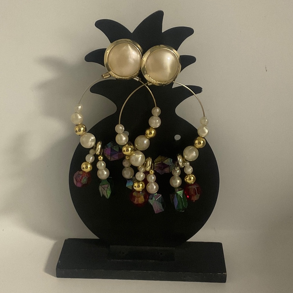 Gold Pearl Hoop Drop Earrings with Multicolor Crystal Beads